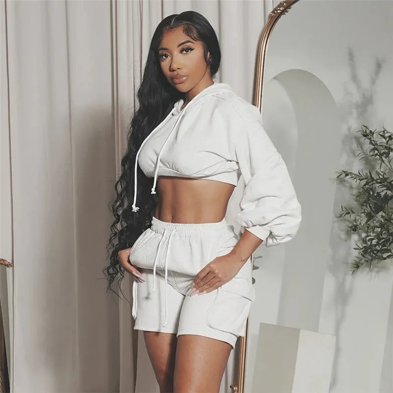 European and American Style2023Fall Women's Clothing New Sports Casual Solid Color Hooded Top High Waist Slim Shorts Suit for Women