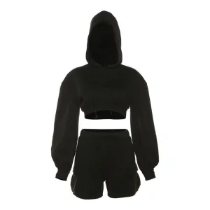 European and American Style2023Fall Women's Clothing New Sports Casual Solid Color Hooded Top High Waist Slim Shorts Suit for Women