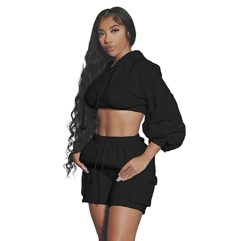 European and American Style2023Fall Women's Clothing New Sports Casual Solid Color Hooded Top High Waist Slim Shorts Suit for Women