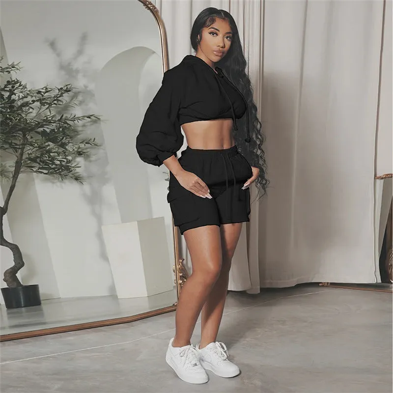 European and American Style2023Fall Women's Clothing New Sports Casual Solid Color Hooded Top High Waist Slim Shorts Suit for Women