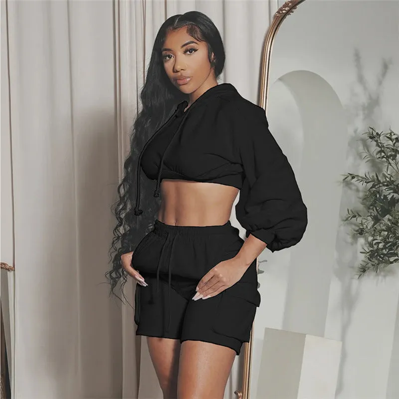 European and American Style2023Fall Women's Clothing New Sports Casual Solid Color Hooded Top High Waist Slim Shorts Suit for Women