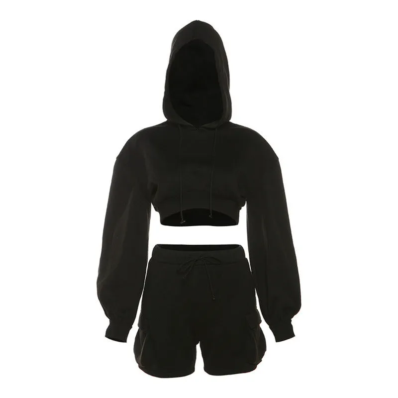European and American Style2023Fall Women's Clothing New Sports Casual Solid Color Hooded Top High Waist Slim Shorts Suit for Women