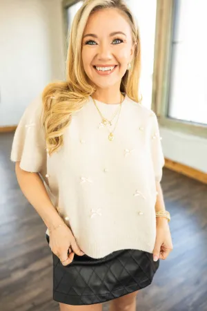 EVELYN CROPPED PEARL & BOW CAP SLEEVE TOP