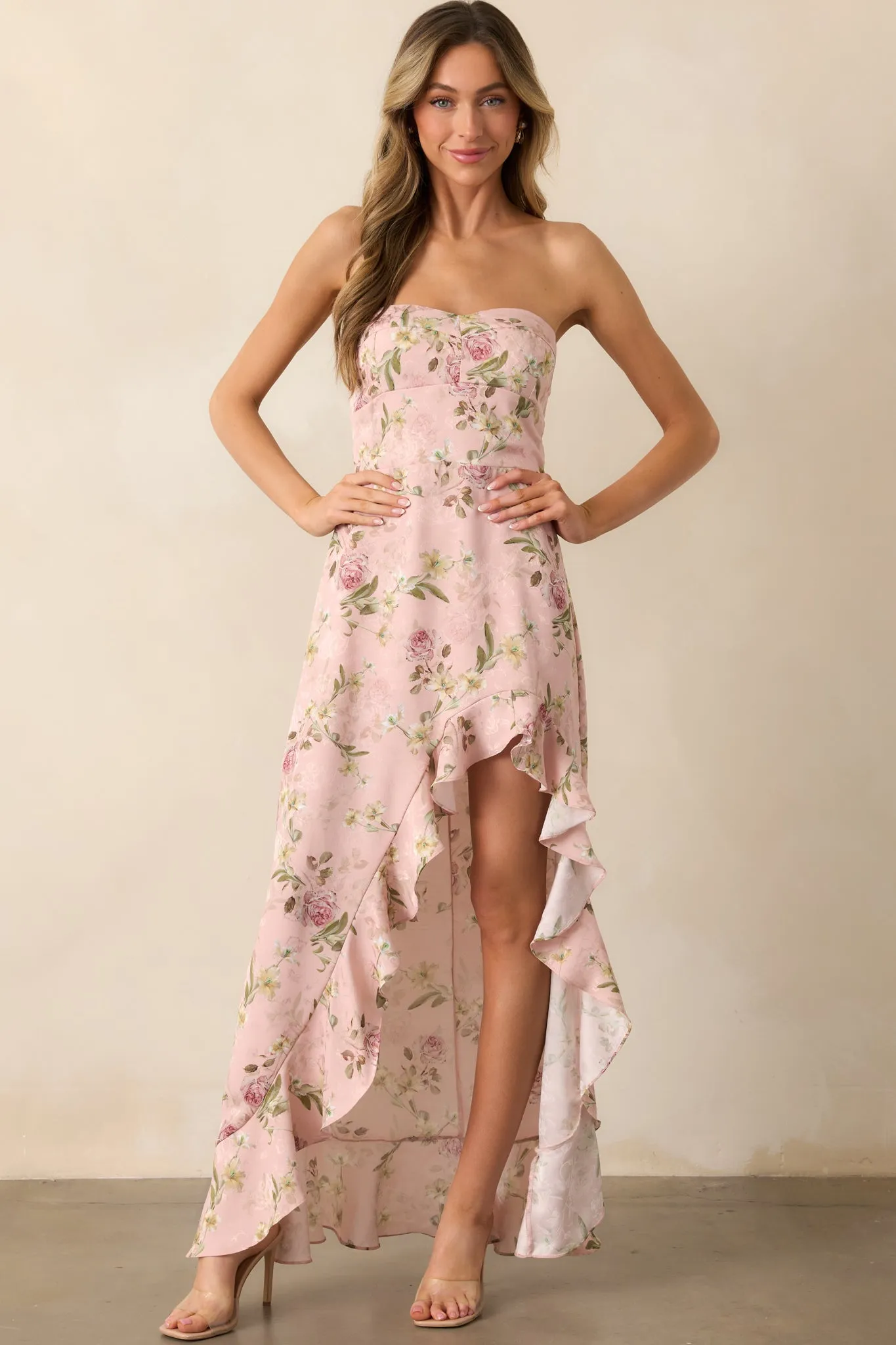 Ever After Light Pink Floral Jacquard Strapless High Low Dress