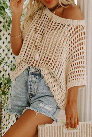 Fishnet Knit Ribbed Round Neck Short Sleeve Sweater Tee