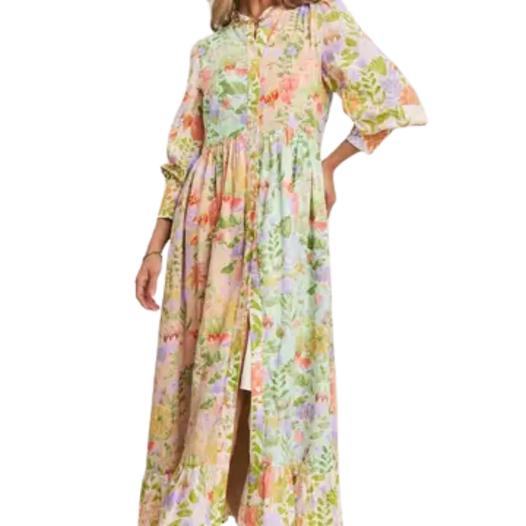 Floral Print Madarin Neck Line Midi Dress: Garden Dream