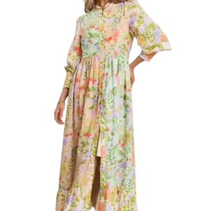 Floral Print Madarin Neck Line Midi Dress: Garden Dream