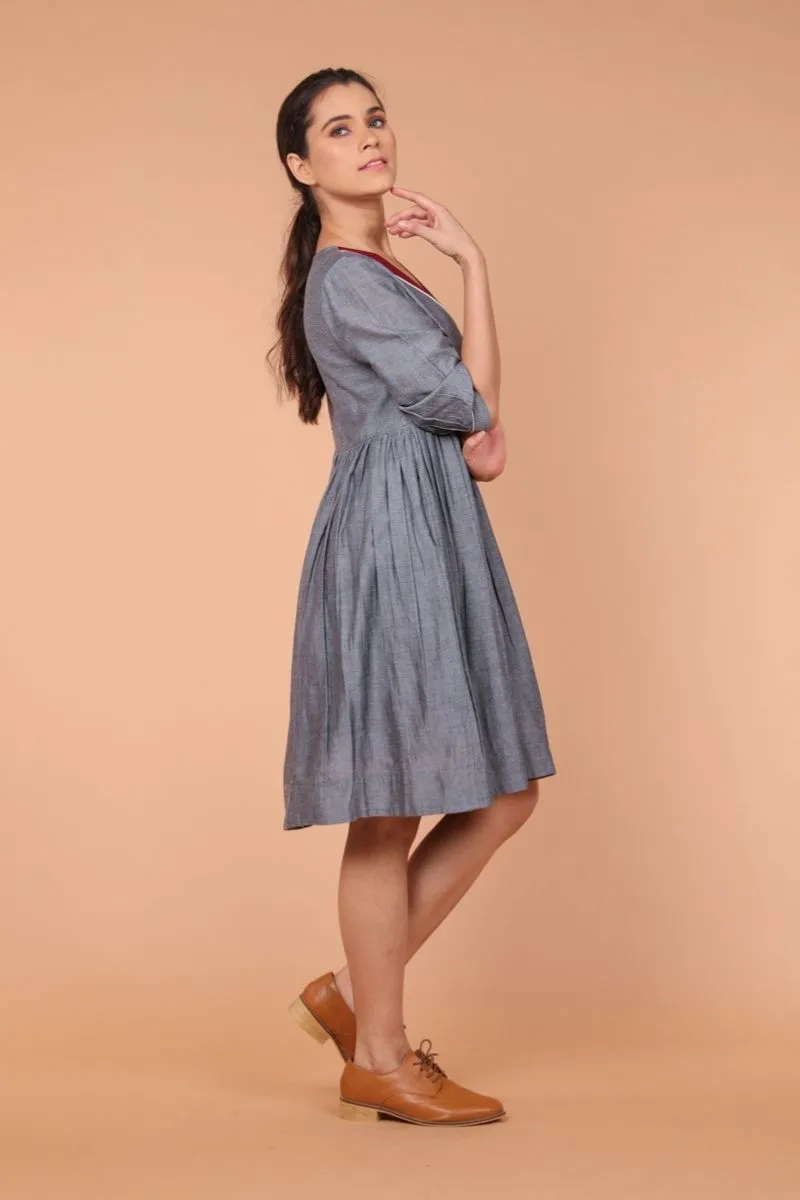 Gathered Dress in Slate Grey Hand Loom Cotton