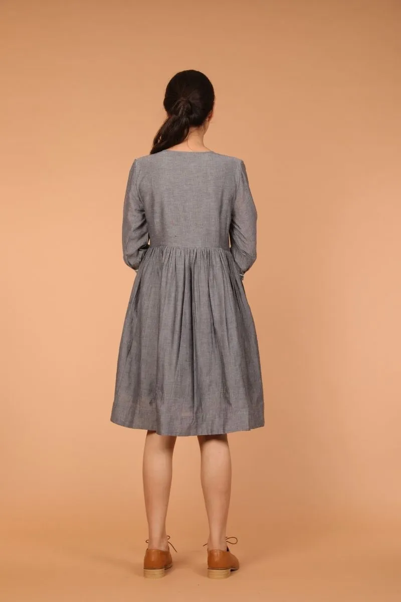 Gathered Dress in Slate Grey Hand Loom Cotton