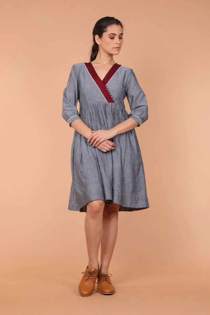 Gathered Dress in Slate Grey Hand Loom Cotton