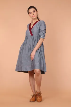 Gathered Dress in Slate Grey Hand Loom Cotton