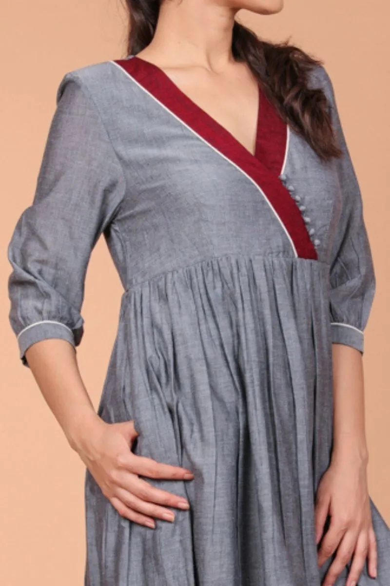 Gathered Dress in Slate Grey Hand Loom Cotton