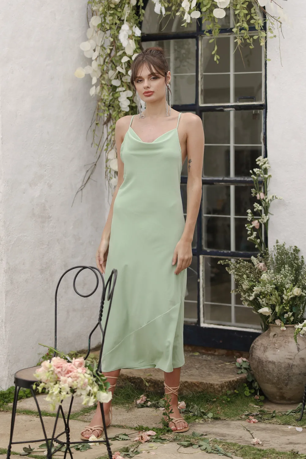 GIRALDA Cowl Neck Silk Midi Dress (Light Sage Silk)