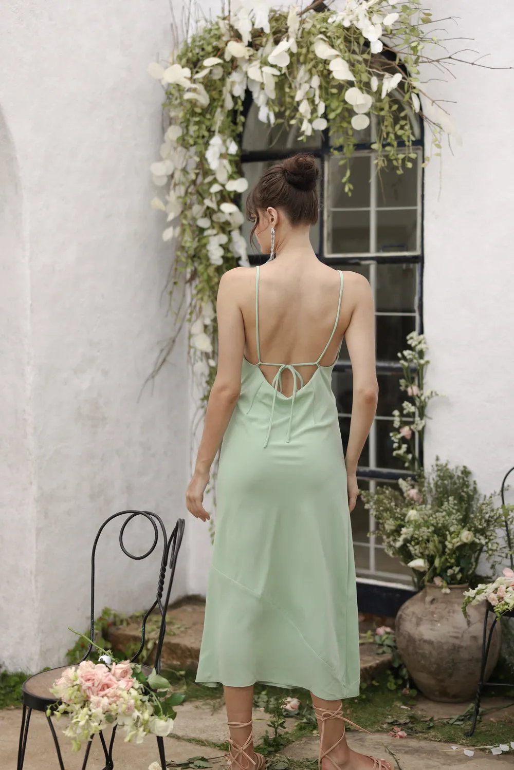 GIRALDA Cowl Neck Silk Midi Dress (Light Sage Silk)