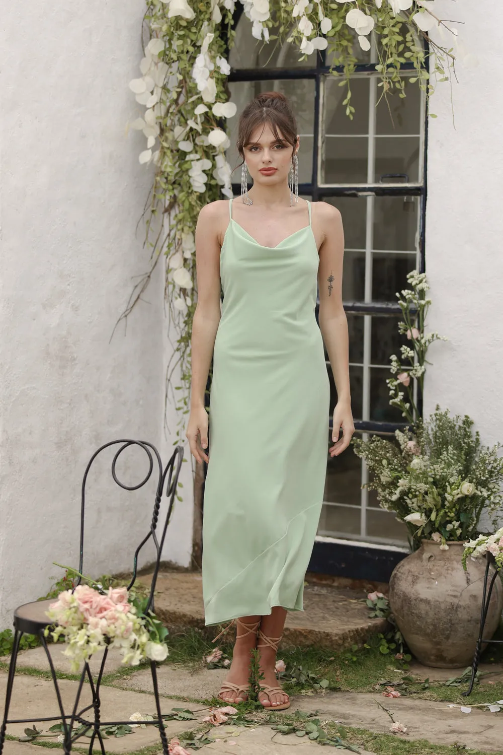 GIRALDA Cowl Neck Silk Midi Dress (Light Sage Silk)