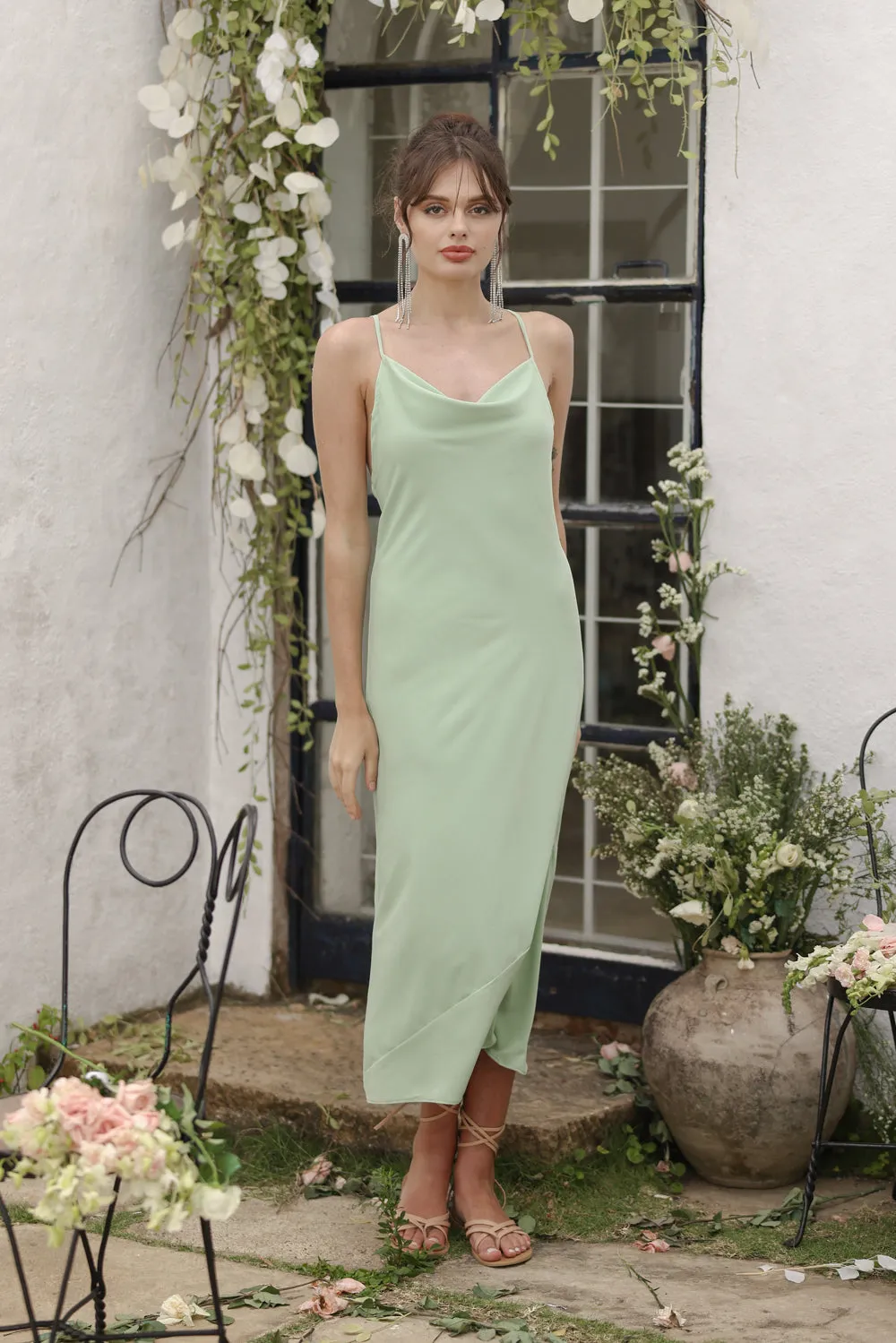 GIRALDA Cowl Neck Silk Midi Dress (Light Sage Silk)