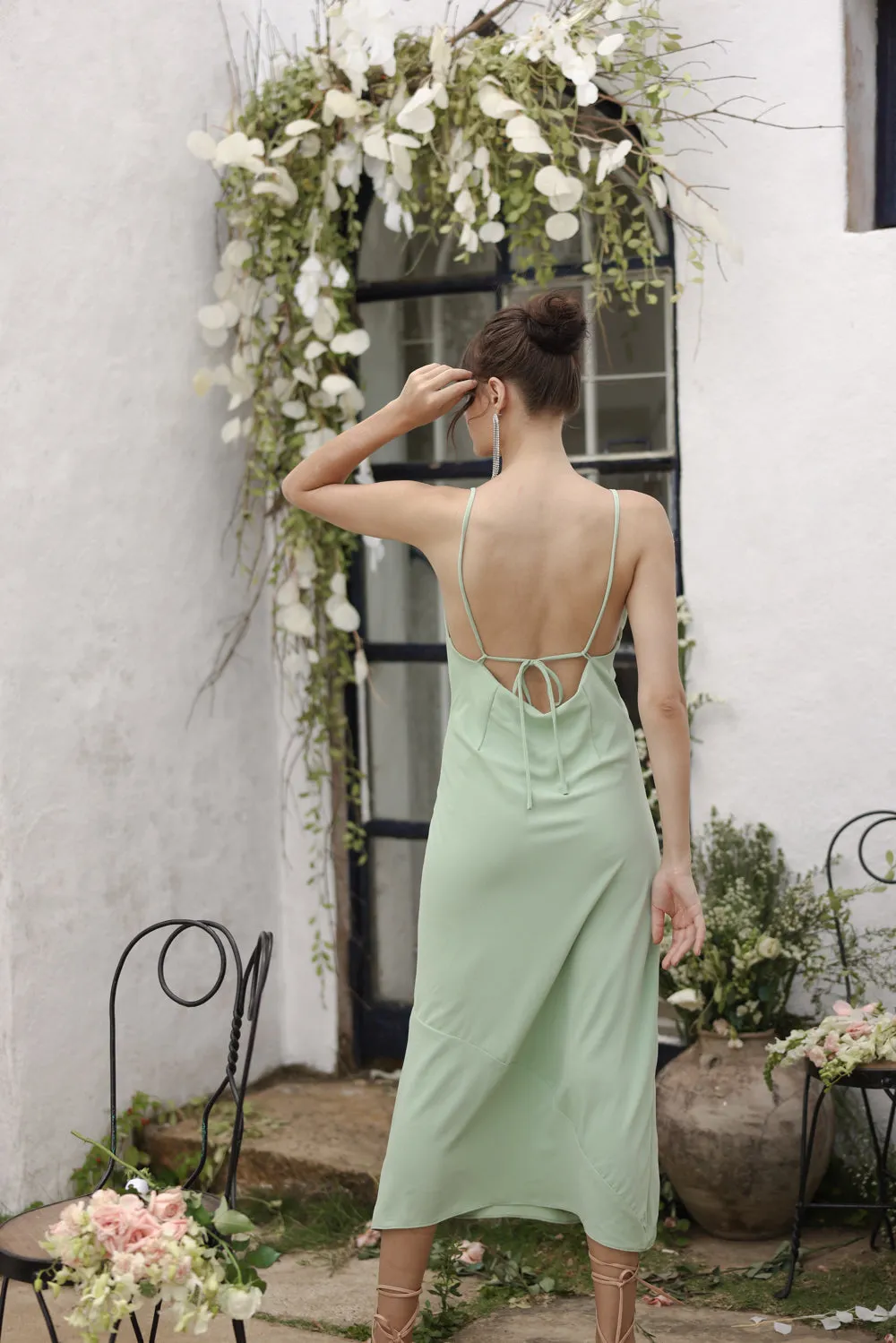 GIRALDA Cowl Neck Silk Midi Dress (Light Sage Silk)