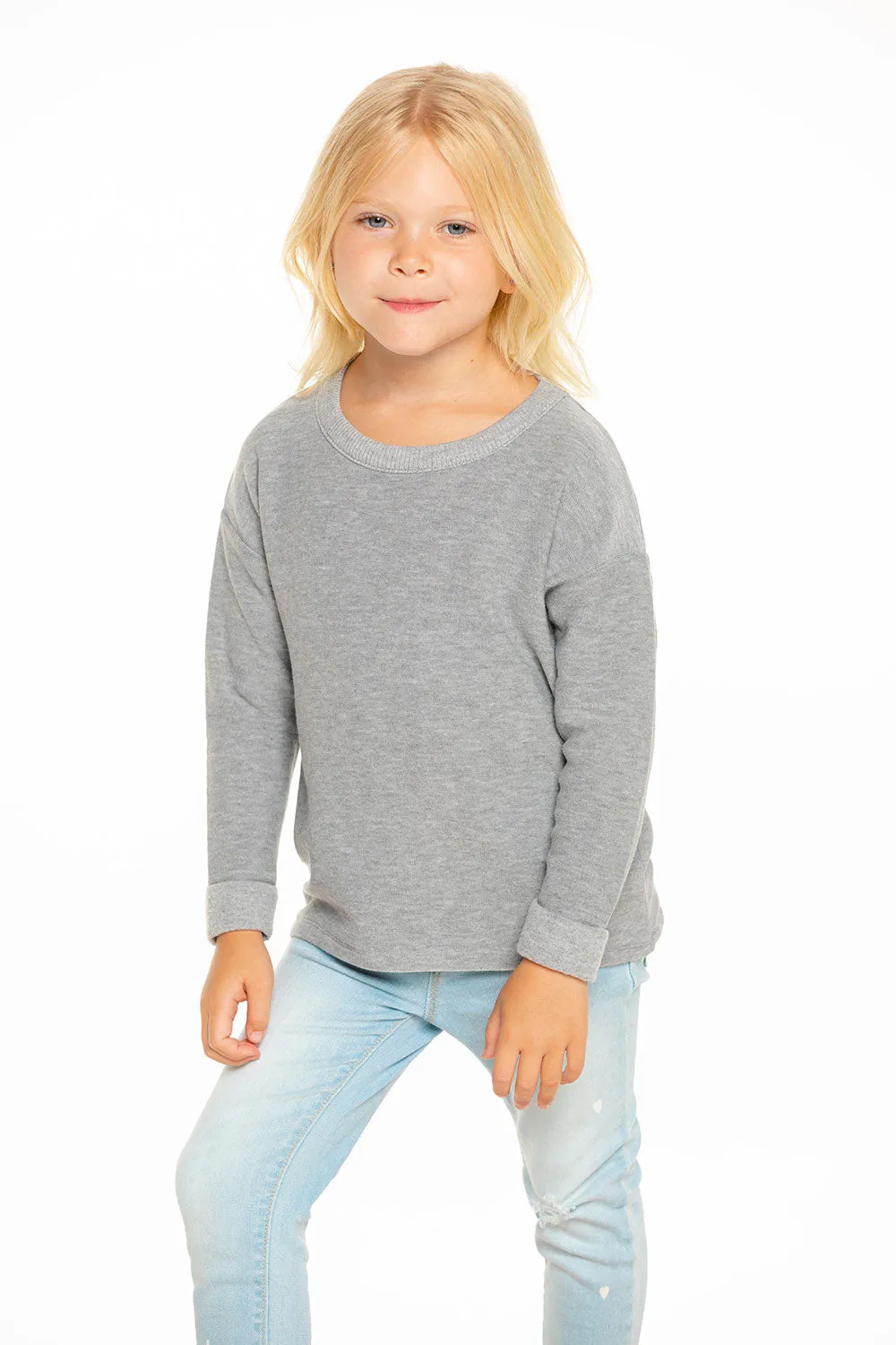 Girls Cozy Knit Rolled Long Sleeve Boxy Hi Lo Pullover