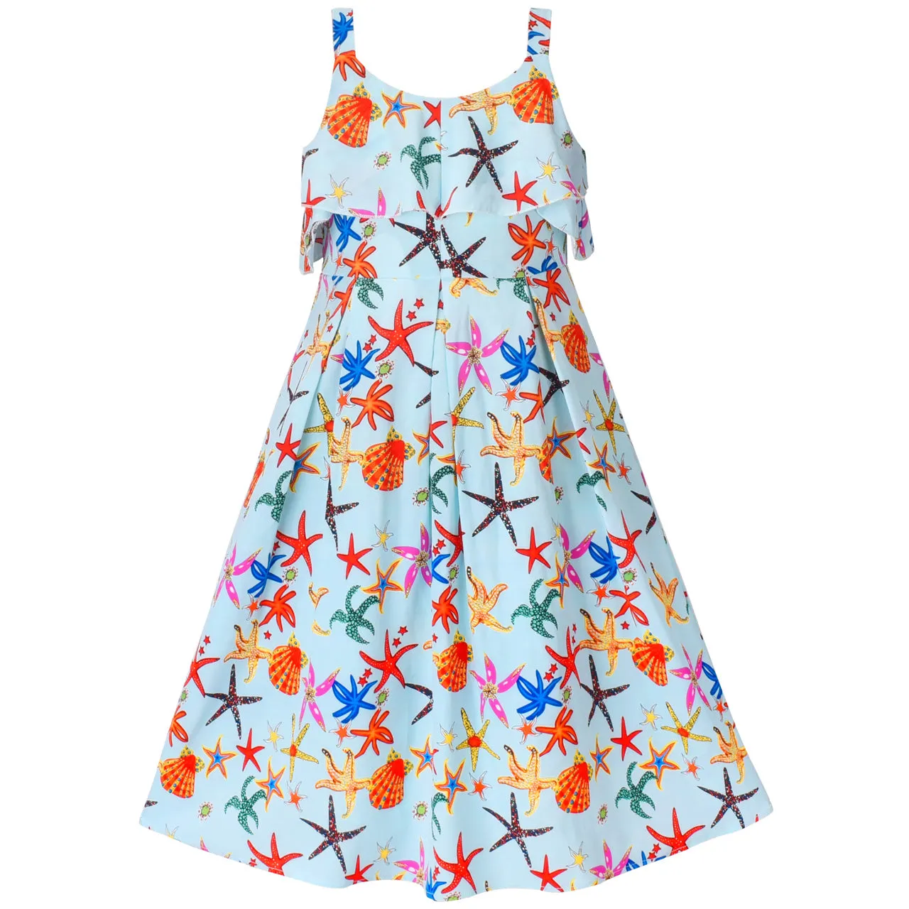 Girls Dress Starfish Sea Shell Multicolor Sleeveless Ocean Beach Size 6-12 Years
