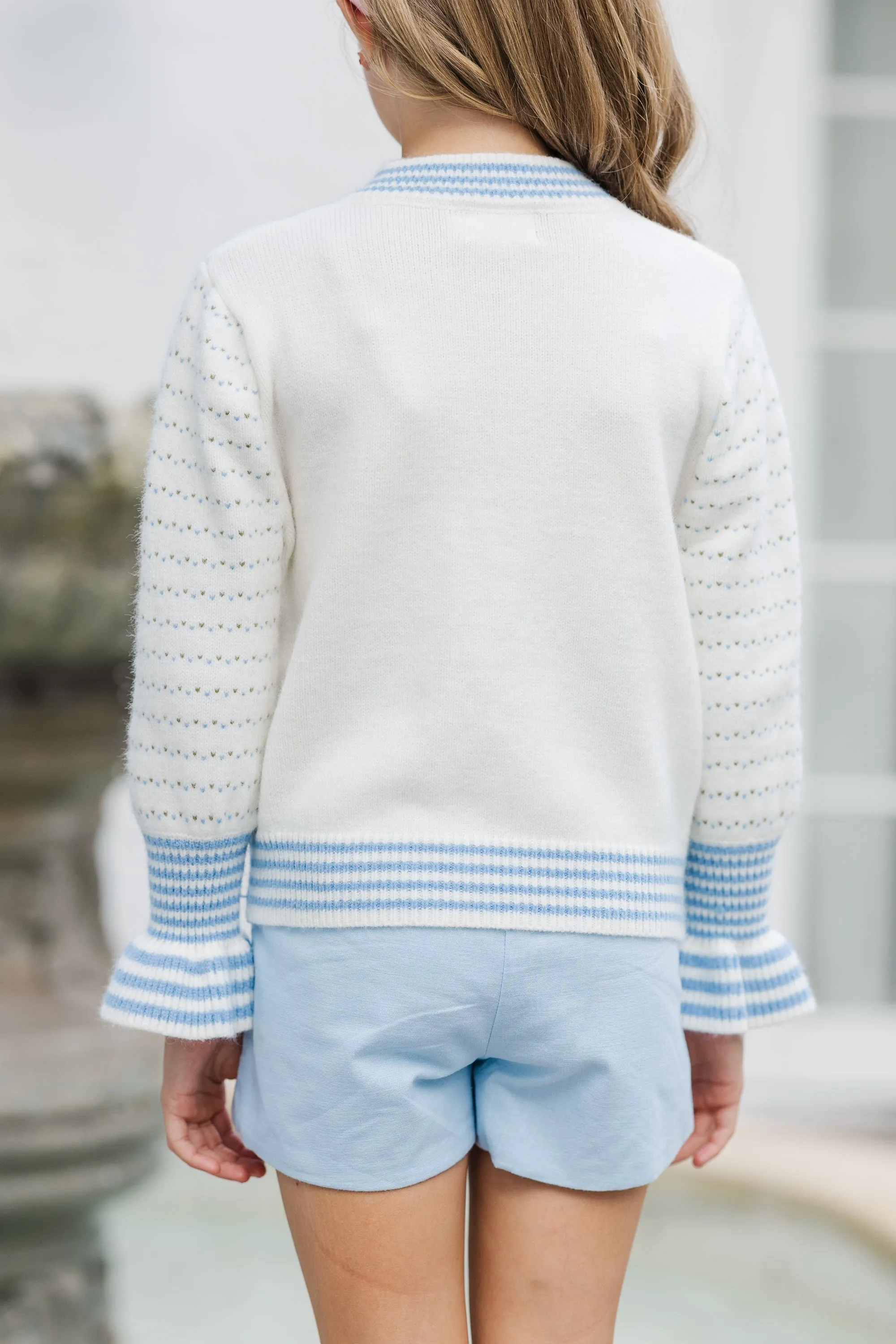 Girls: The Rhiannon Light Blue Bow Stitched Cardigan