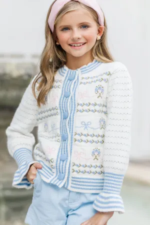 Girls: The Rhiannon Light Blue Bow Stitched Cardigan