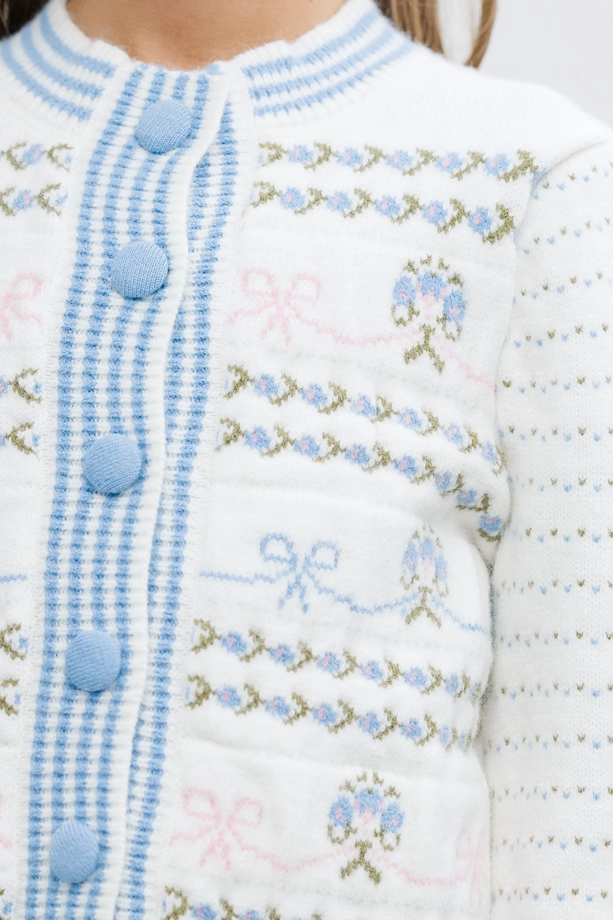 Girls: The Rhiannon Light Blue Bow Stitched Cardigan