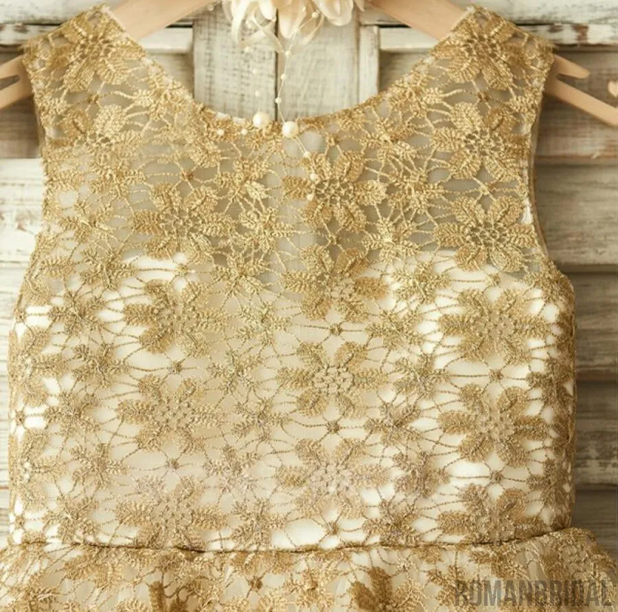 Gold Lace Sleeveless Tulle Flower Girl Dresses, Little Girl Dresses, Cheap Flower Girl Dresses, FG073