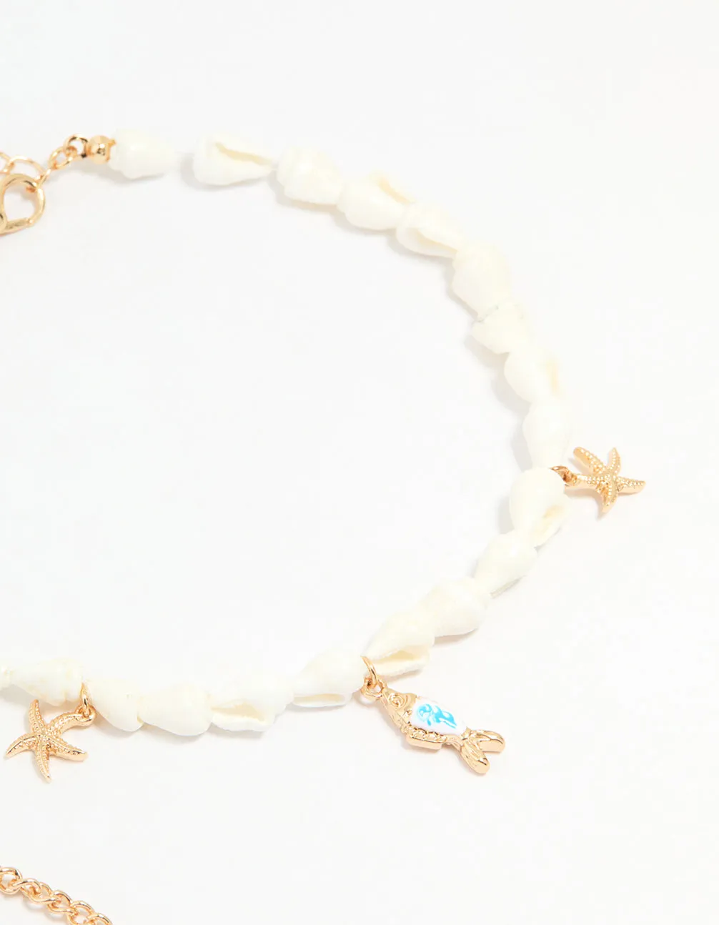 Gold Shell & Fish Charm Anklets 3-Pack