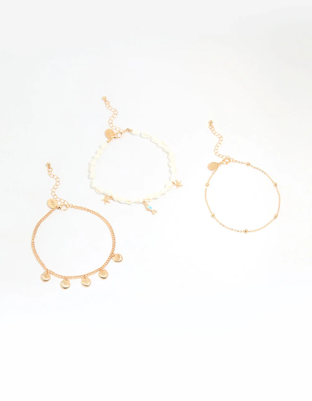 Gold Shell & Fish Charm Anklets 3-Pack