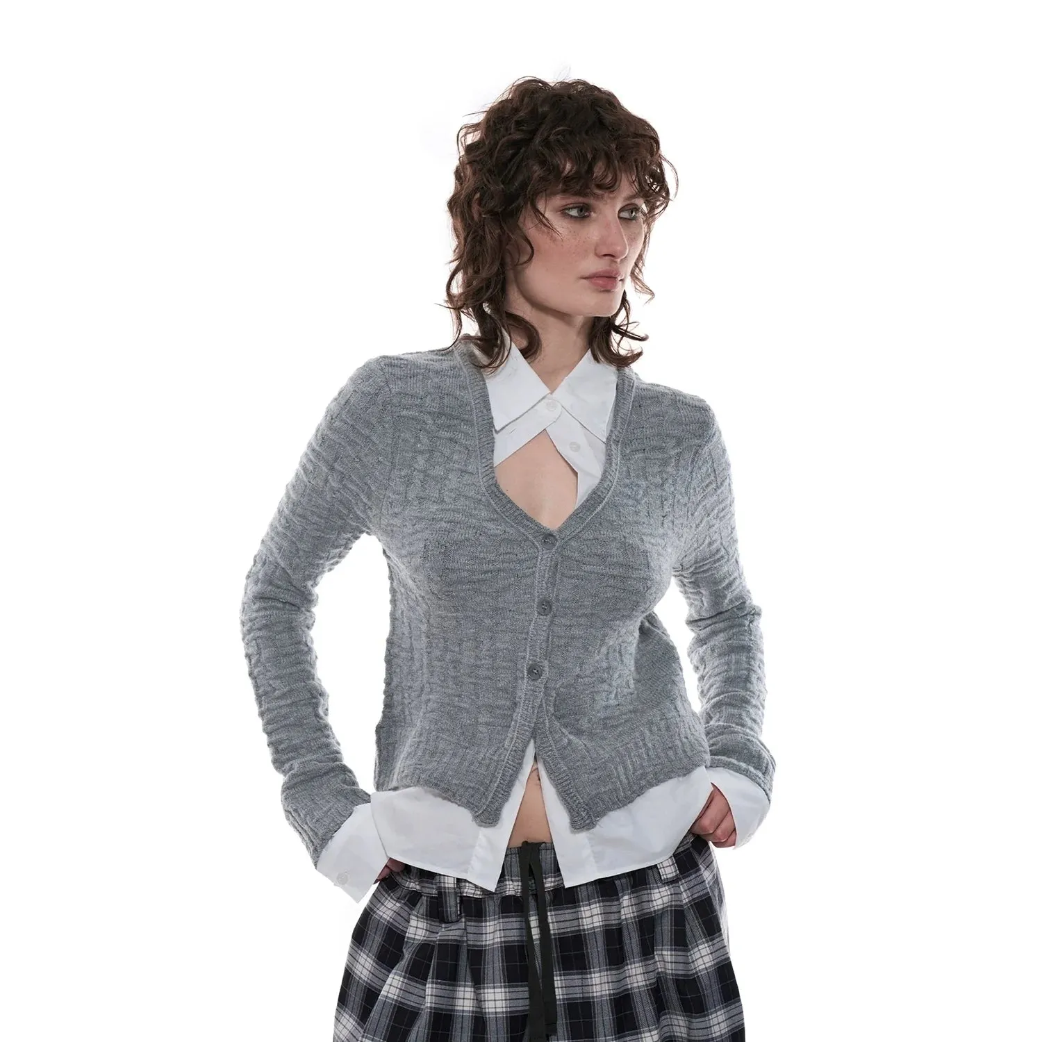 Gray Textured Cardigan Set