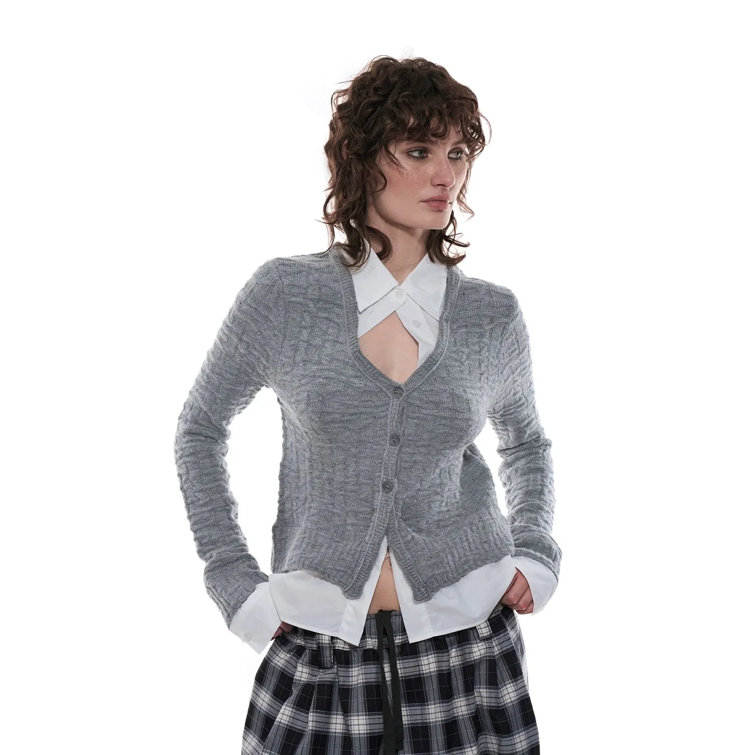 Gray Textured Cardigan Set