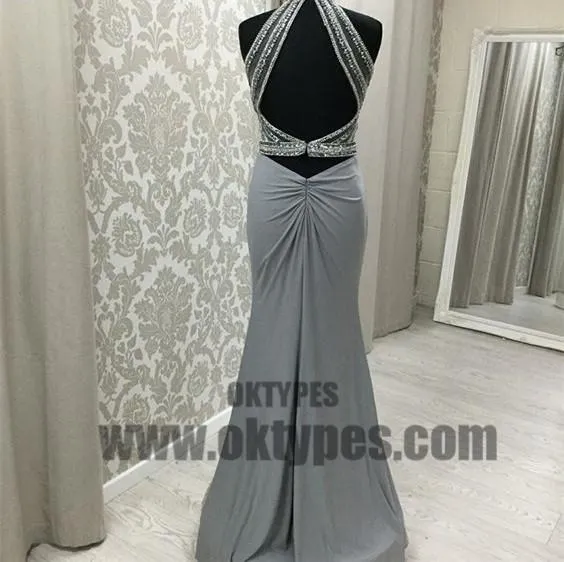 Grey Long Top Beaded Open Back Halter Prom Dresses, Sexy Prom Dresses, TYP0585