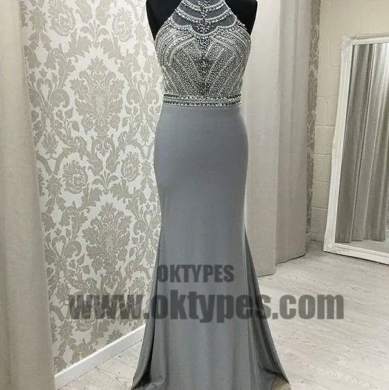 Grey Long Top Beaded Open Back Halter Prom Dresses, Sexy Prom Dresses, TYP0585