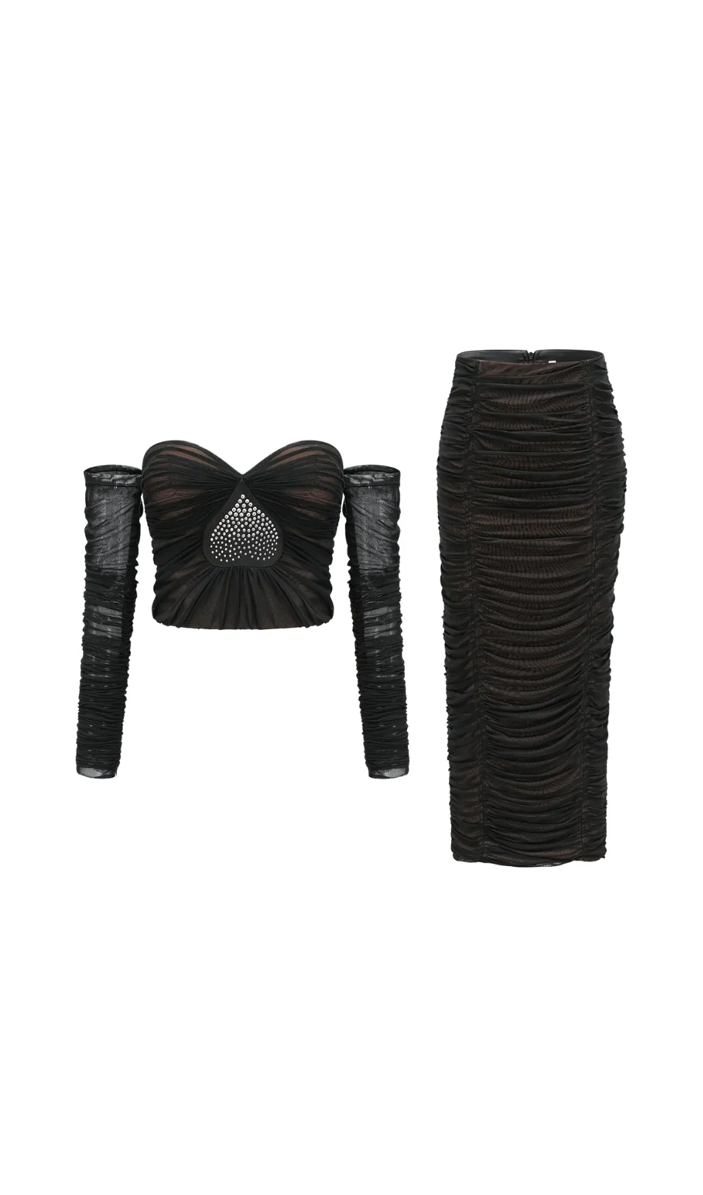 Gwenonwy black ruched mesh top & skirt matching set