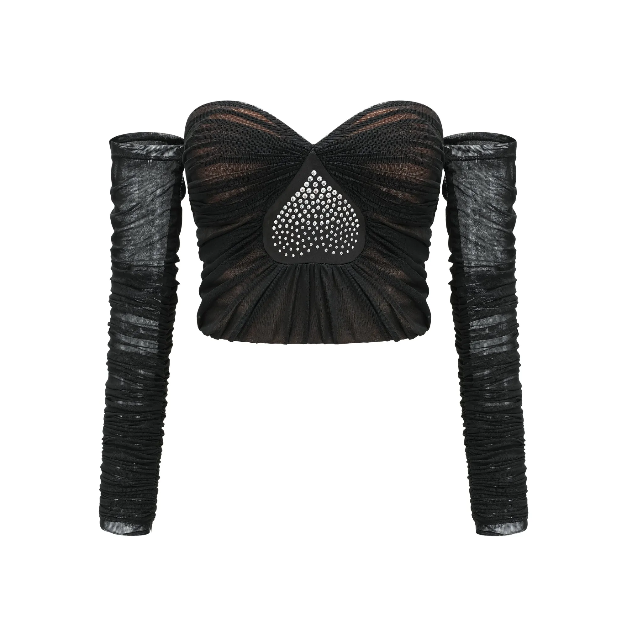 Gwenonwy black ruched mesh top & skirt matching set