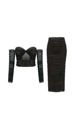 Gwenonwy black ruched mesh top & skirt matching set