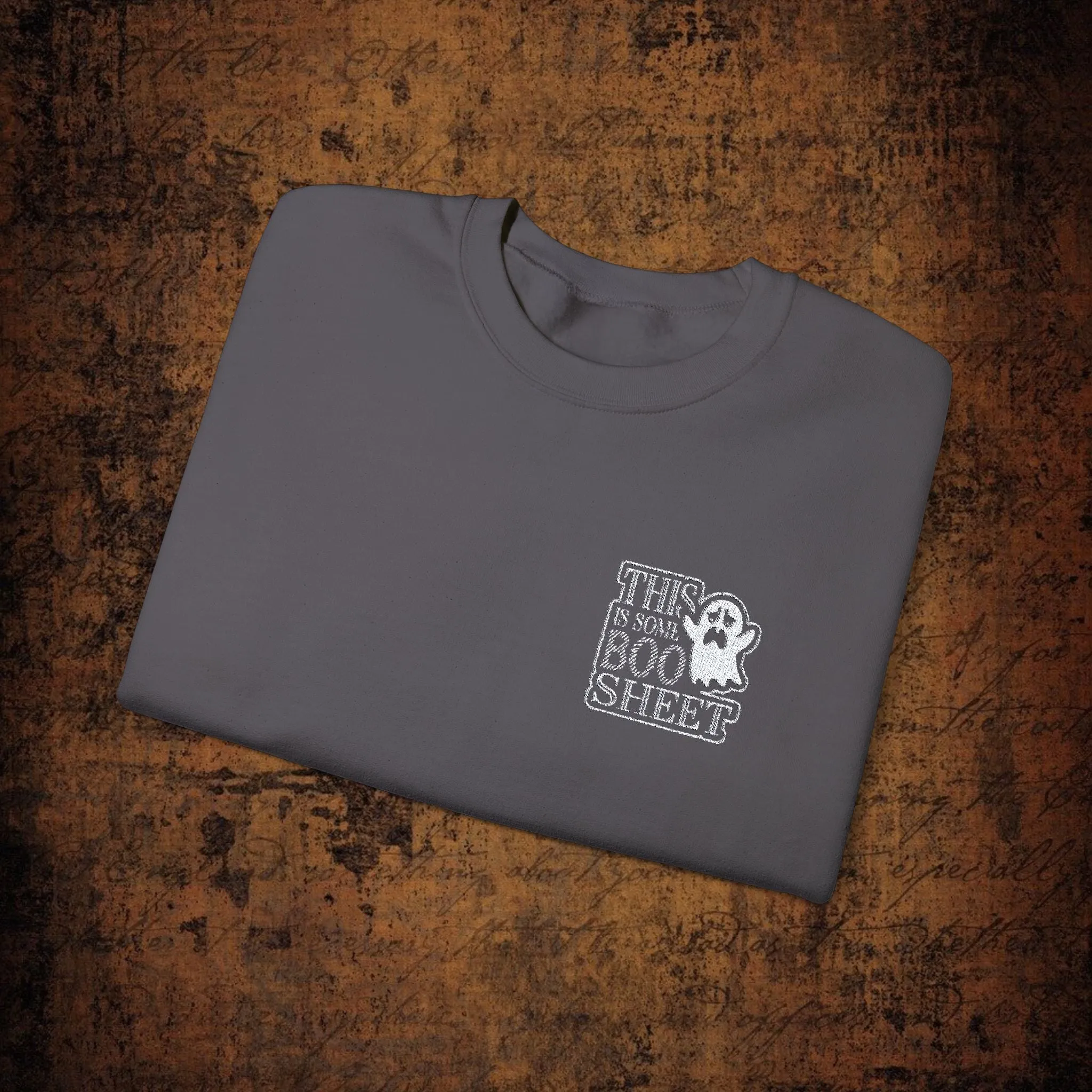 Halloween Unisex Heavy Blend™ This Is Some Boo Shit Typography Embroidered Crewneck Sweatshirt