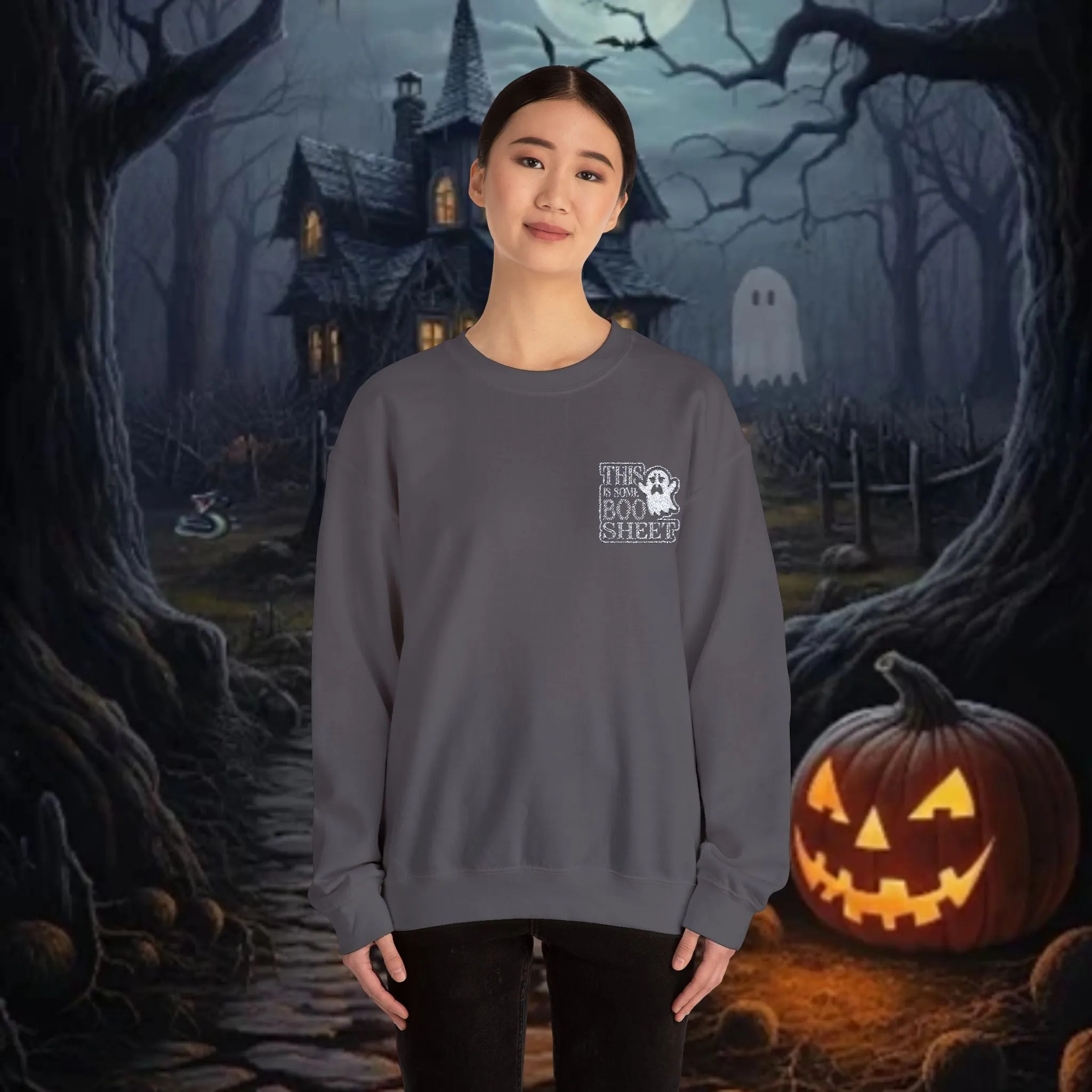 Halloween Unisex Heavy Blend™ This Is Some Boo Shit Typography Embroidered Crewneck Sweatshirt
