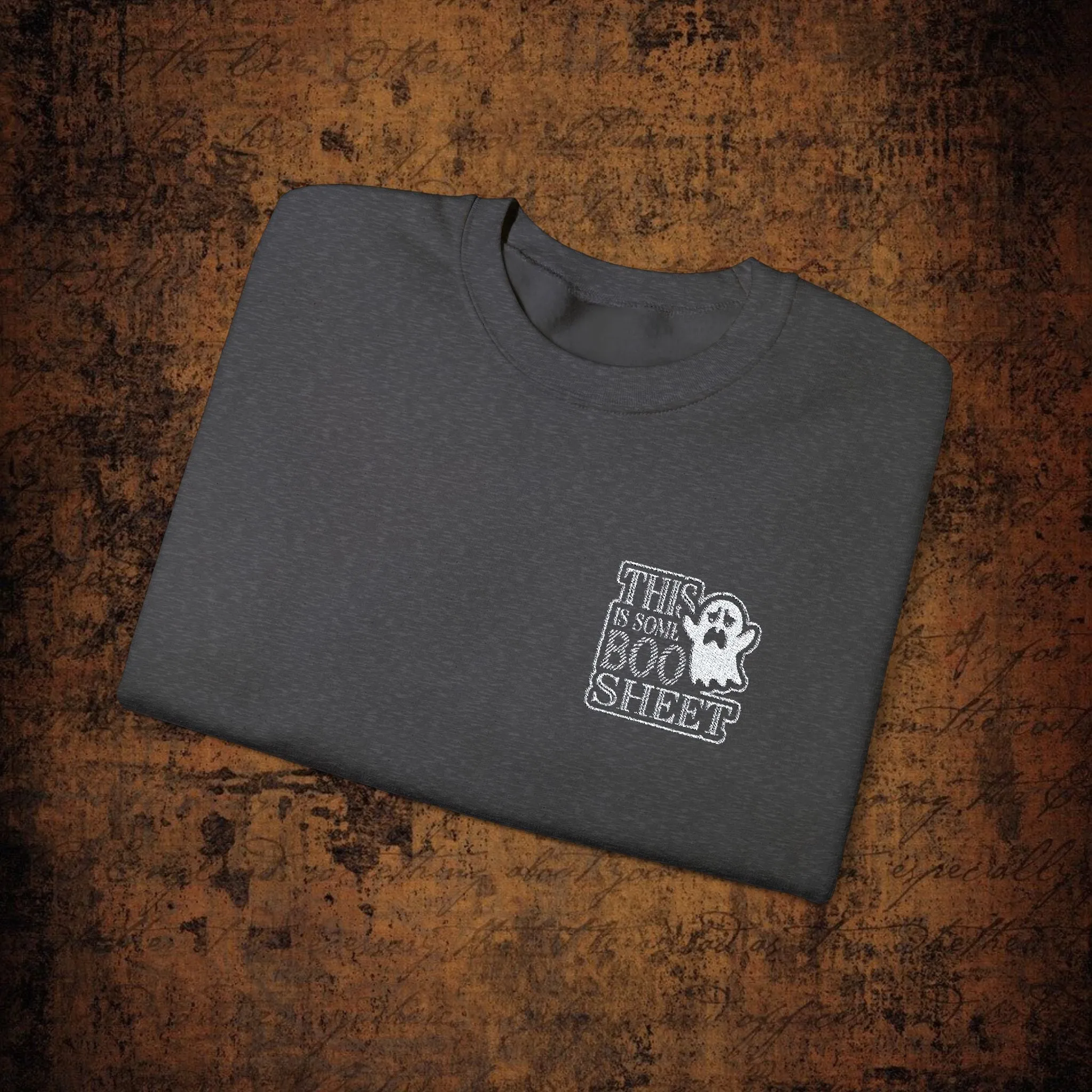 Halloween Unisex Heavy Blend™ This Is Some Boo Shit Typography Embroidered Crewneck Sweatshirt