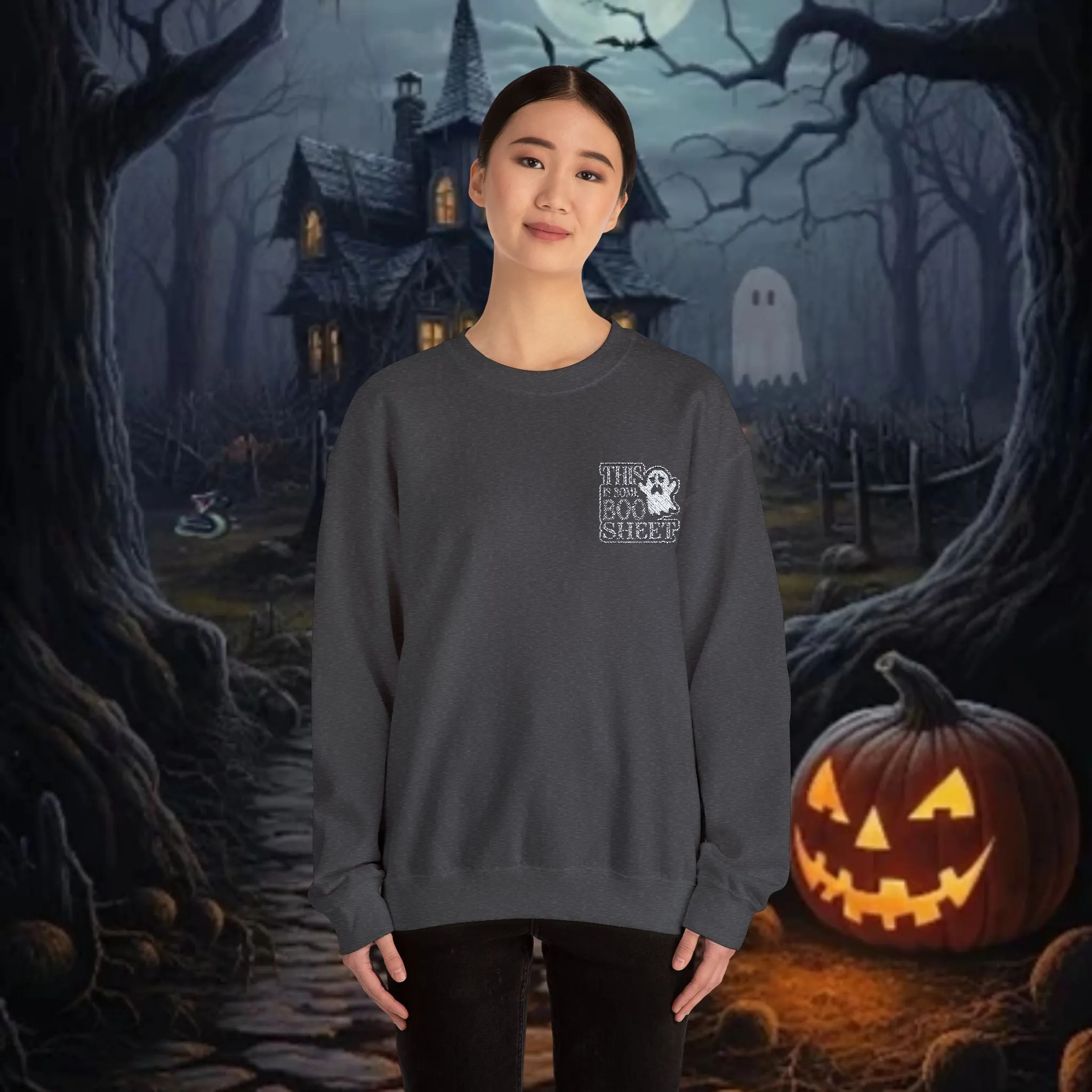 Halloween Unisex Heavy Blend™ This Is Some Boo Shit Typography Embroidered Crewneck Sweatshirt