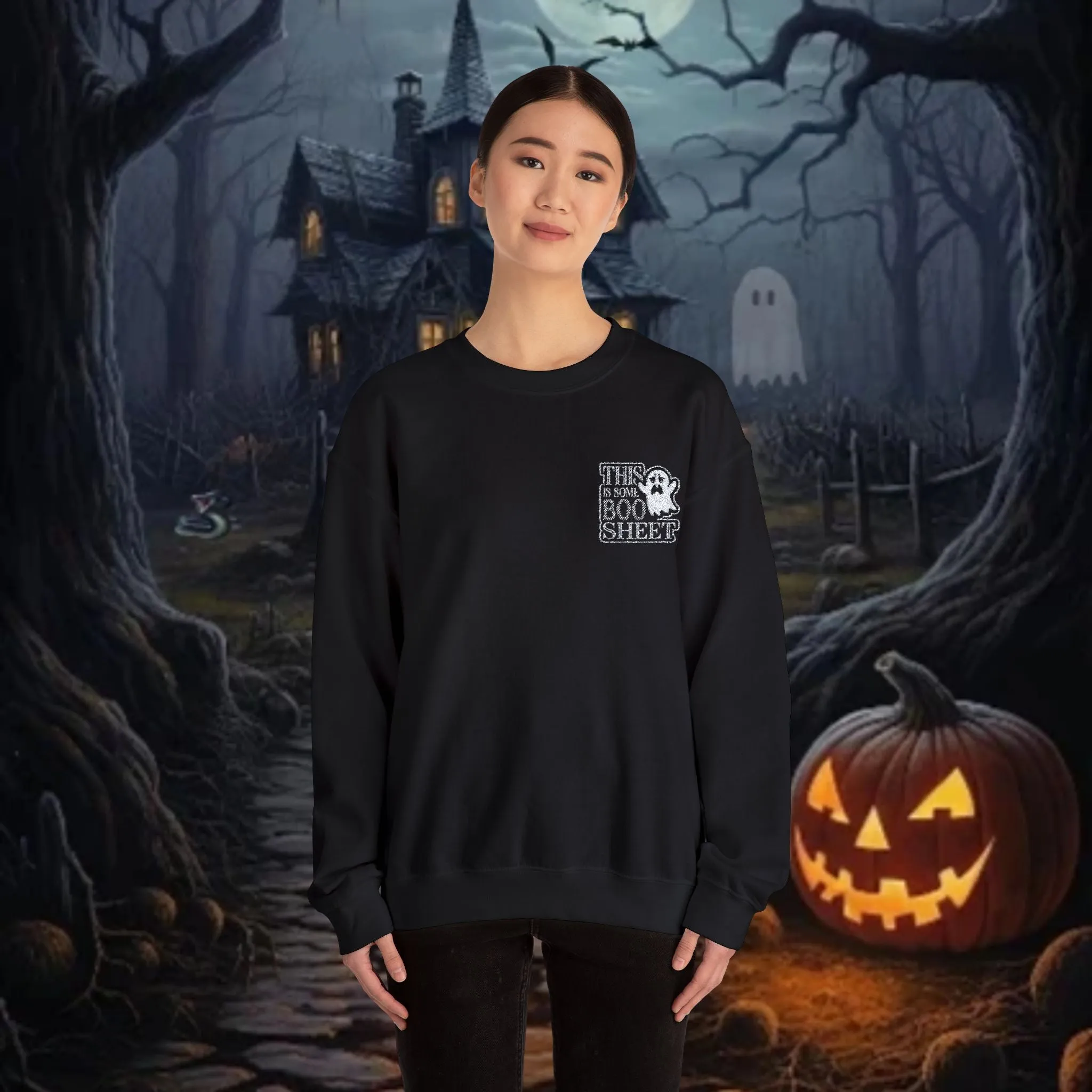 Halloween Unisex Heavy Blend™ This Is Some Boo Shit Typography Embroidered Crewneck Sweatshirt