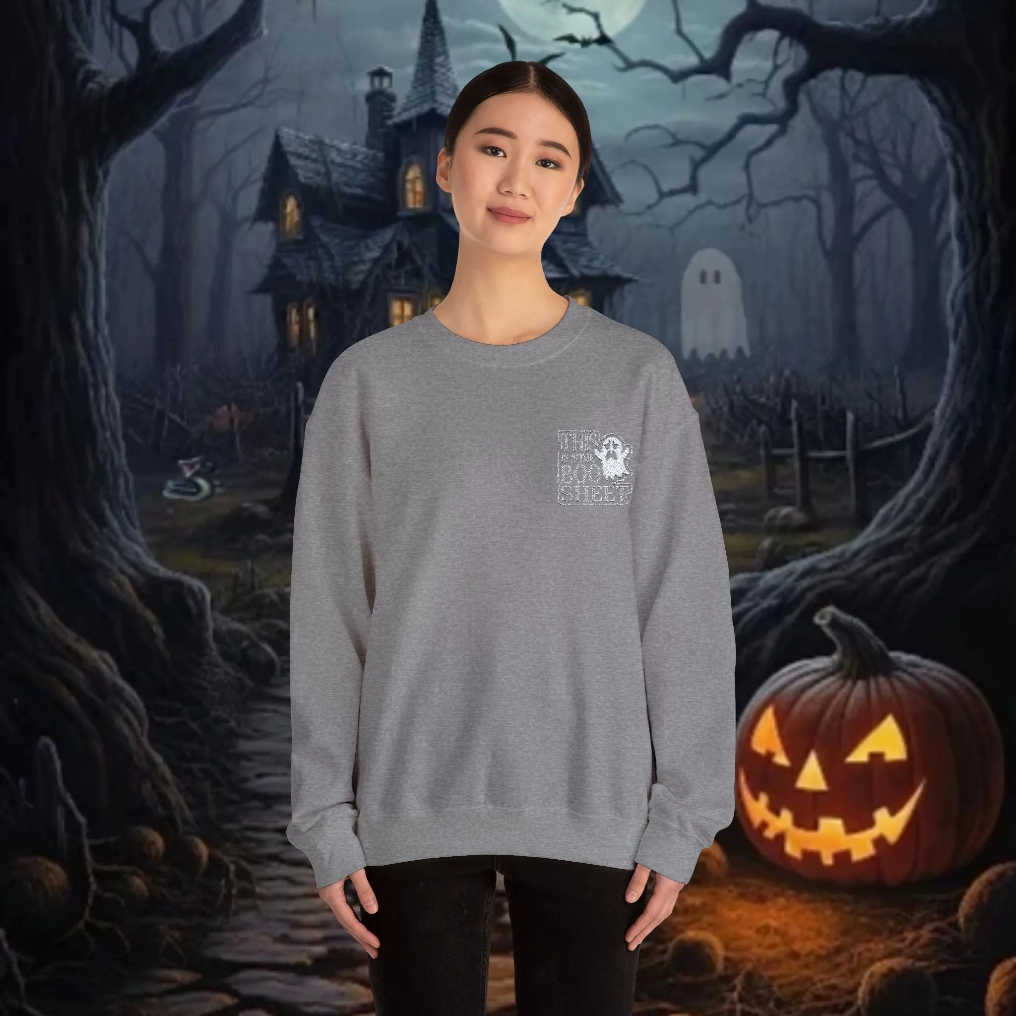 Halloween Unisex Heavy Blend™ This Is Some Boo Shit Typography Embroidered Crewneck Sweatshirt