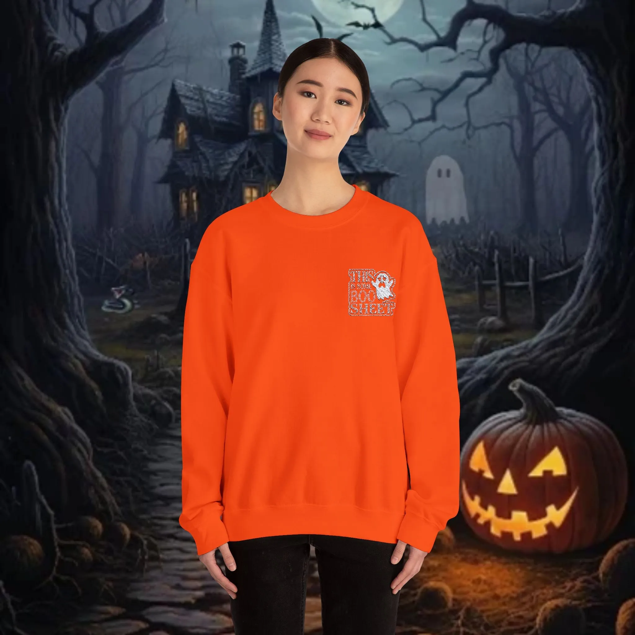 Halloween Unisex Heavy Blend™ This Is Some Boo Shit Typography Embroidered Crewneck Sweatshirt