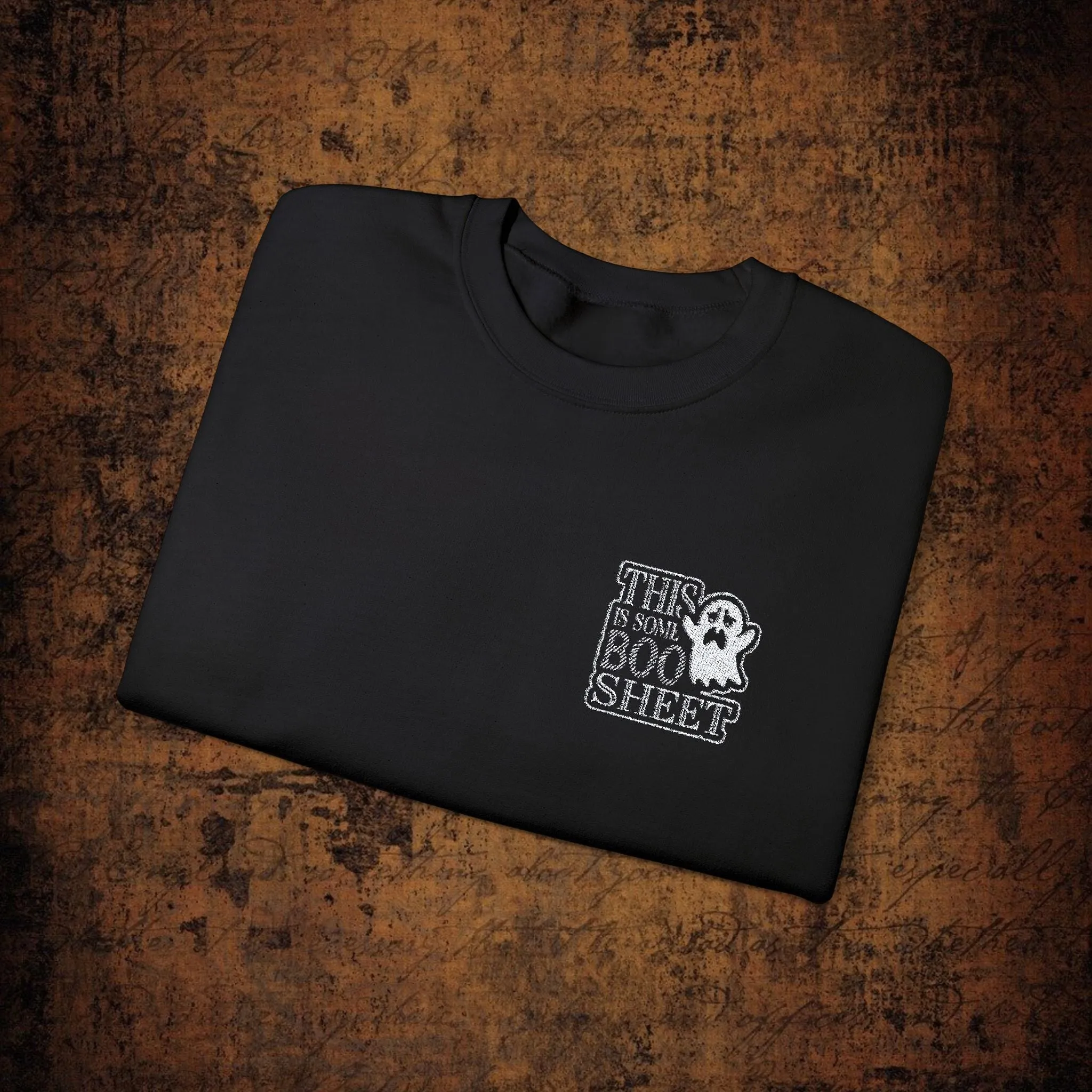 Halloween Unisex Heavy Blend™ This Is Some Boo Shit Typography Embroidered Crewneck Sweatshirt