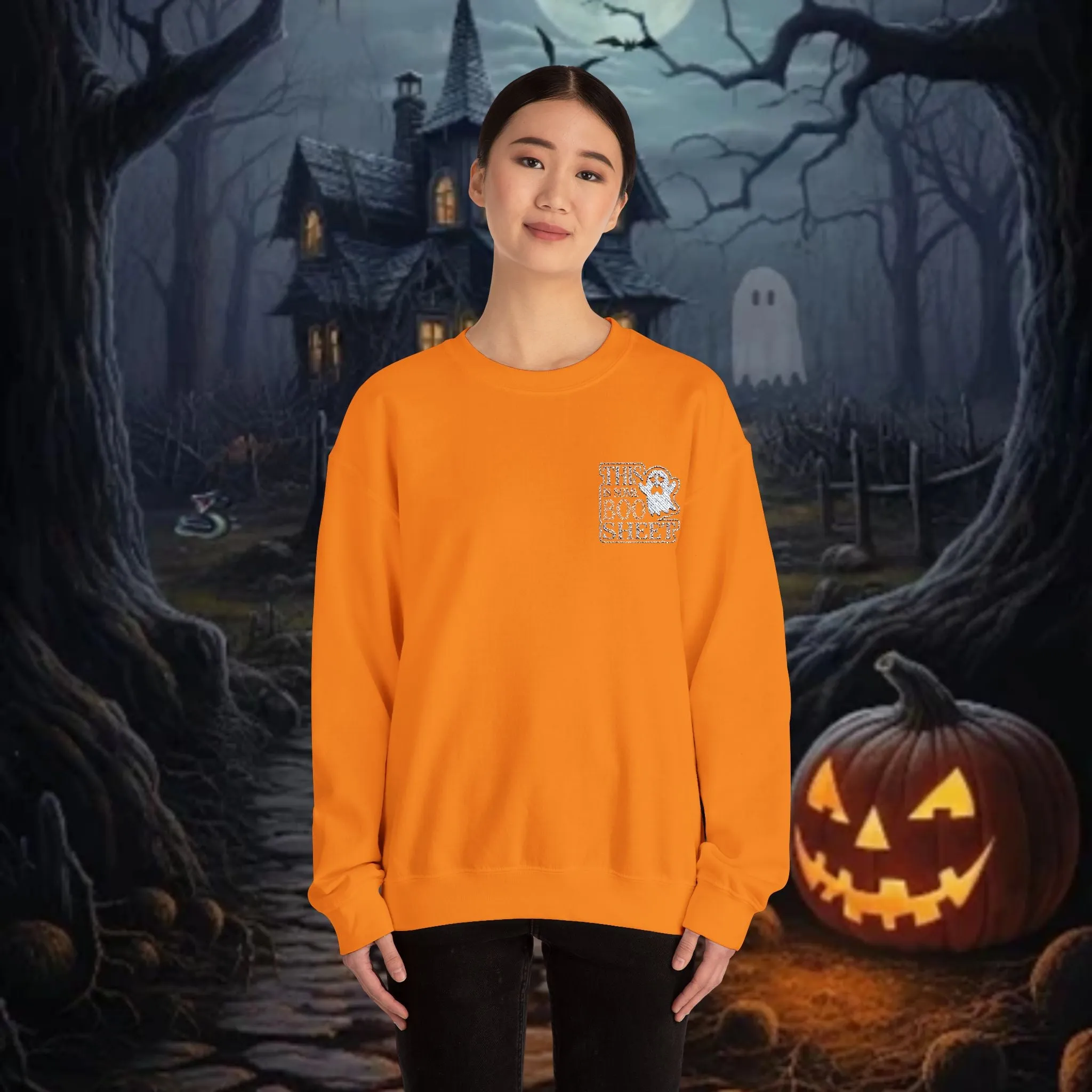 Halloween Unisex Heavy Blend™ This Is Some Boo Shit Typography Embroidered Crewneck Sweatshirt