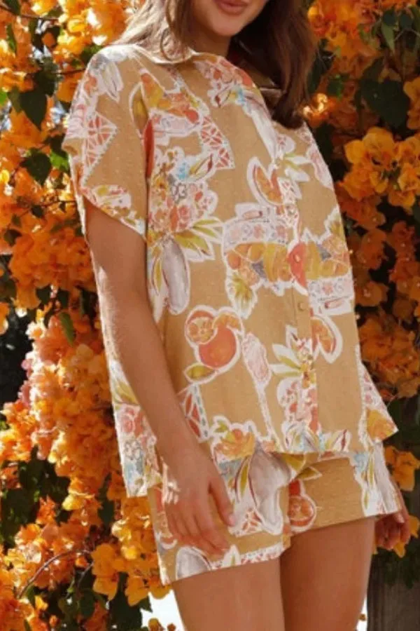 Harvest Fruit Print Top Shorts Two -piece Suit