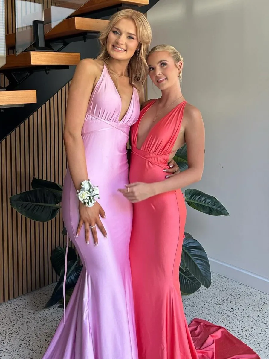 Helaina | Plunge Neck Light Pink Mermaid Satin Long Prom Dress
