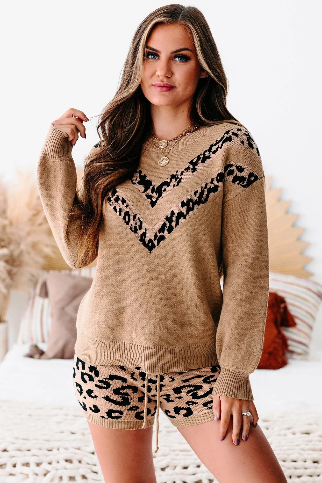 Honest Truth Leopard Print Chevron Crewneck Sweater (Taupe/Black)