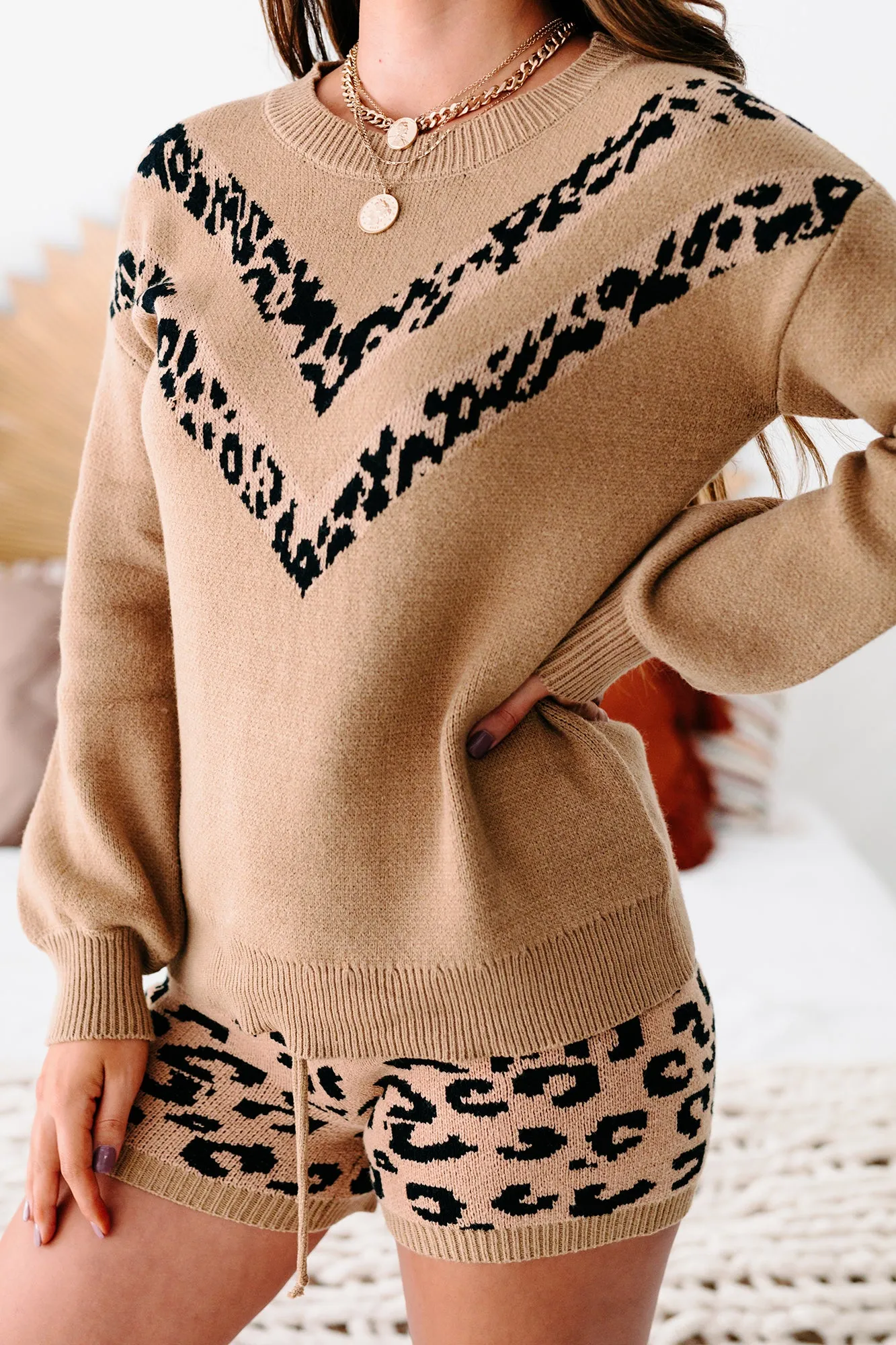 Honest Truth Leopard Print Chevron Crewneck Sweater (Taupe/Black)