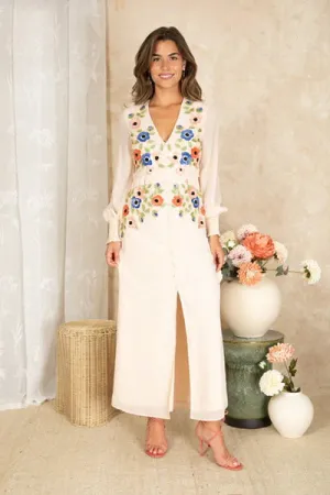 Hope & Ivy Jayda Embellished Puff Sleeve Midi Dress in Ivory